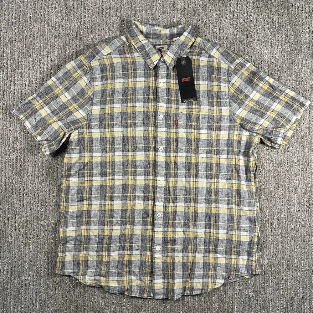 Levis Mens Yellow Button-Up Shirt Large‎ Linen Cotton Short Sleeve Standard NWT